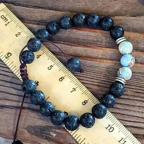 Chakra Healing Gemstone Bracelet Natural Blue Tan Aqua Terra Jasper Black Lava - Picture 7 of 7